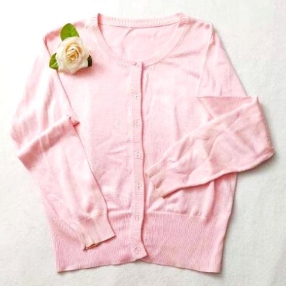 Rayon Blend Light Pink Cardigan Clear Button Up Round Neck Long Sleeves Sheen M - Picture 4 of 13
